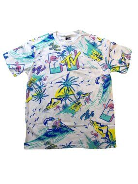 MTV Mens Spring Break Tropical Palm Trees Graphic White Shirt New Medium
